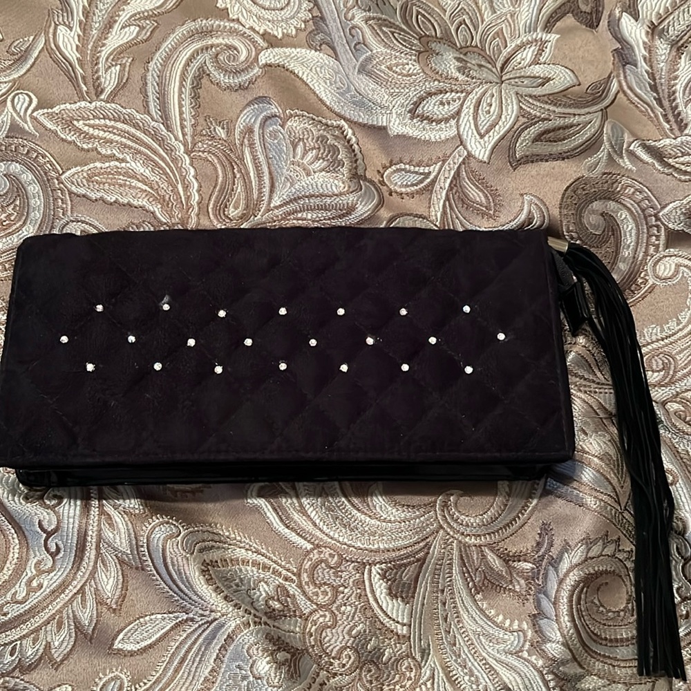 Victorias Secret black clutch with rhinestones and tassel. Faux suede - New